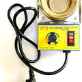ZTX 160W-Soldering Desoldering Pot, Wax Burner, Boiler Size 50x35 MM, AC220V-50Hz with adjustable Temperature range 100-550°C - gold-colored circular basin, a yellow control panel featuring a temperature adjustment knob, an on/off switch, and a power cord.