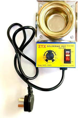 ZTX 160W-Soldering Desoldering Pot, Wax Burner, Boiler Size 50x35 MM, AC220V-50Hz with adjustable Temperature range 100-550°C - gold-colored circular basin, a yellow control panel featuring a temperature adjustment knob, an on/off switch, and a power cord.