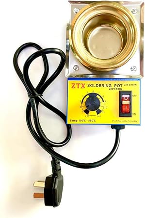 ZTX 160W-Soldering Desoldering Pot, Wax Burner, Boiler Size 50x35 MM, AC220V-50Hz with adjustable Temperature range 100-550°C - gold-colored circular basin, a yellow control panel featuring a temperature adjustment knob, an on/off switch, and a power cord.