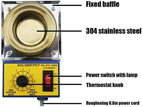 ZTX 160W-Soldering Desoldering Pot, Wax Burner, Boiler Size 50x35 MM, AC220V-50Hz with adjustable Temperature range 100-550°C - a top-down view of a metallic pot with a yellow control panel featuring a thermostat knob, power switch, and power cord.