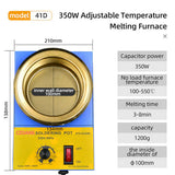 ZTX-41D 350W DIP Soldering POT - a blue and yellow device with a round metal crucible, a temperature control knob, an on/off switch, and dimension labels.