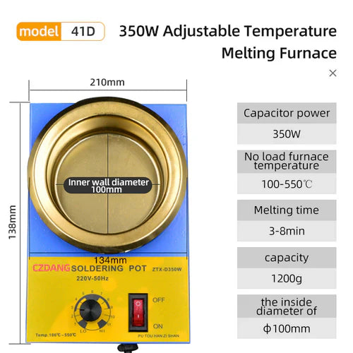 ZTX-41D 350W DIP Soldering POT - a blue and yellow device with a round metal crucible, a temperature control knob, an on/off switch, and dimension labels.