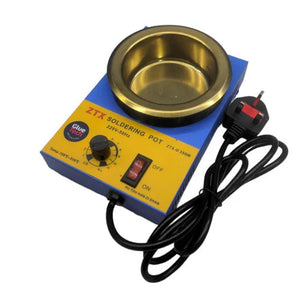 ZTX-41D 350W DIP Soldering POT - with a blue and yellow base, a metal melting crucible, a temperature control knob, an on/off switch, and a power cord.