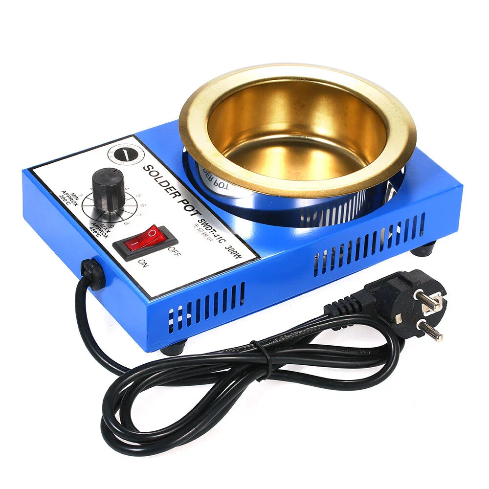 ZTX-41D 350W DIP Soldering POT - a blue metal melting pot with a gold-toned basin, an adjustable temperature knob, a power switch, and a power cord.