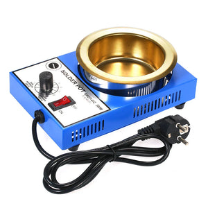 ZTX-41D 350W DIP Soldering POT - a blue metal melting pot with a gold-toned basin, an adjustable temperature knob, a power switch, and a power cord.