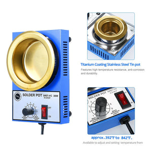 ZTX-41D 350W DIP Soldering POT - shown as a blue metal unit with a gold-colored pot, a temperature control knob, a power switch, and detail insets.