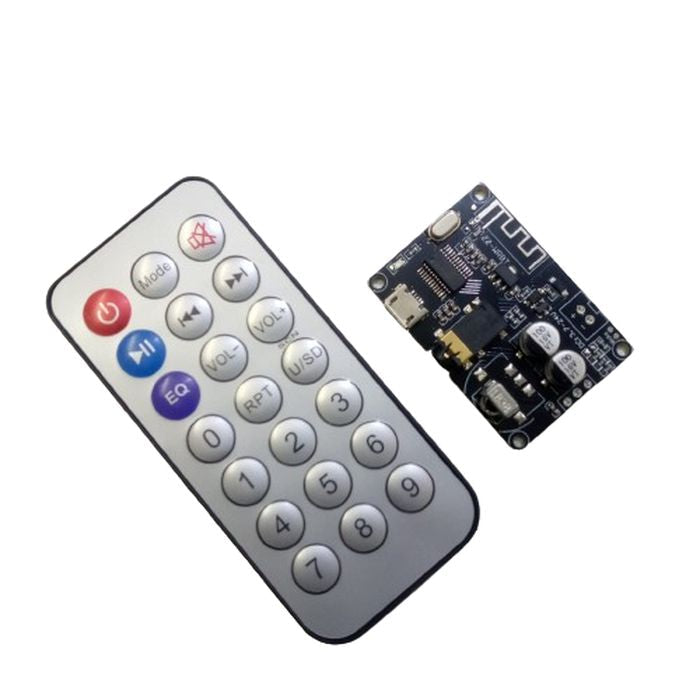 ZZ-WRBT BLUETOOTH 5.0 AUDIO RECEIVER MODULE wITH REMOTE - a black circuit board with a micro-USB port and a keypad remote control.