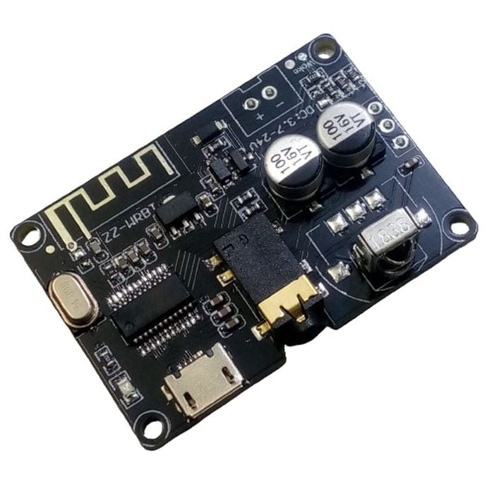 ZZ-WRBT BLUETOOTH 5.0 AUDIO RECEIVER MODULE wITH REMOTE - a black PCB with an integrated antenna, micro-USB port, 3.5mm audio jack, and IR receiver.
